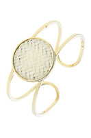Zig zag patterned round disk open cuff bracelet