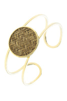 Zig zag patterned round disk open cuff bracelet