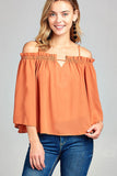 Ladies fashion bell sleeve open shoulder georgette chiffon woven top