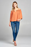 Ladies fashion bell sleeve open shoulder georgette chiffon woven top