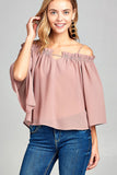 Ladies fashion bell sleeve open shoulder georgette chiffon woven top