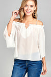 Ladies fashion bell sleeve open shoulder georgette chiffon woven top