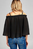 Ladies fashion bell sleeve open shoulder georgette chiffon woven top