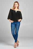 Ladies fashion bell sleeve open shoulder georgette chiffon woven top