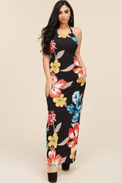 Multi Color Tropical Print halter Maxi Dress with pockets