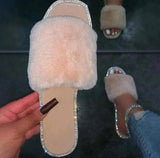 Rhinestone Furry Sandal Slides
