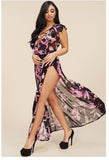 Multi color floral print mesh maxi dress with slits and panty lining